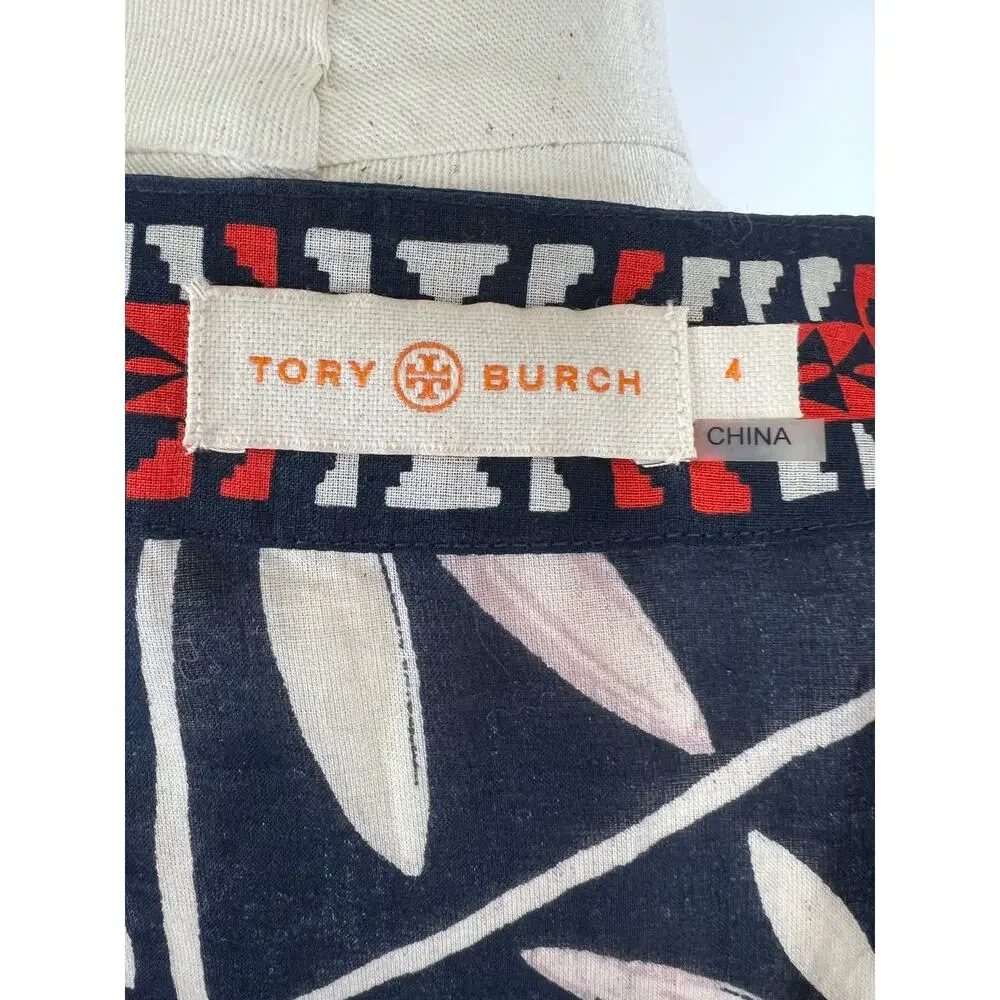 Tory Burch Geometric Blue Orange Print Long Sleeve Cotton Tunic Cover Up Size 4
